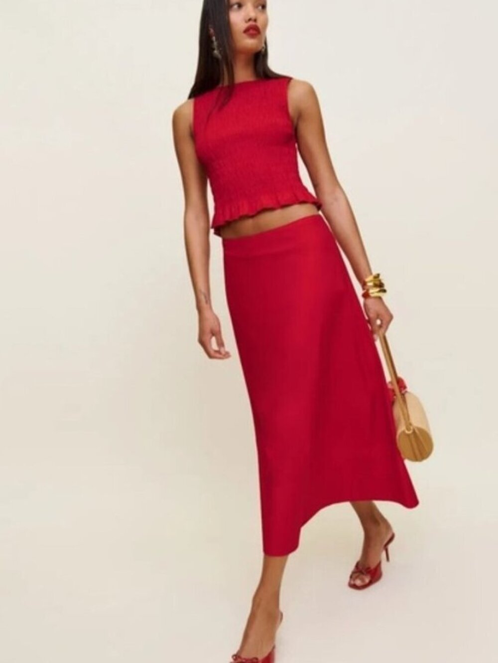 NEW Reformation Laguna Two Piece Matching Midi Skirt Set Lipstick Red US 2 UK 4